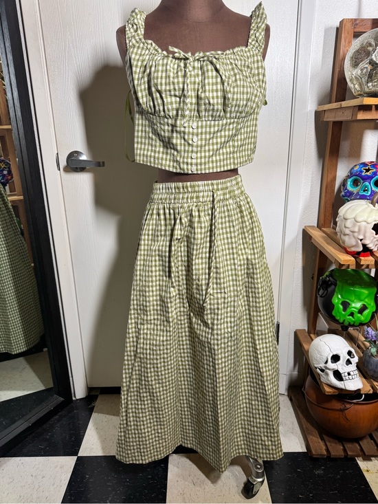 None Dresses & Skirts - Gingham Maxi Skirt in Light Green - Women's